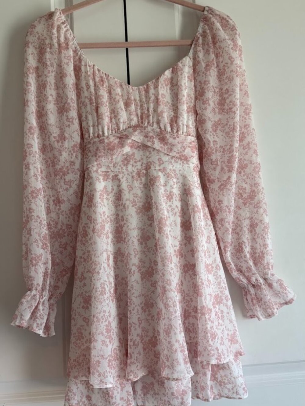 floral long sleeve mini dress - pink & white - size small bnwt